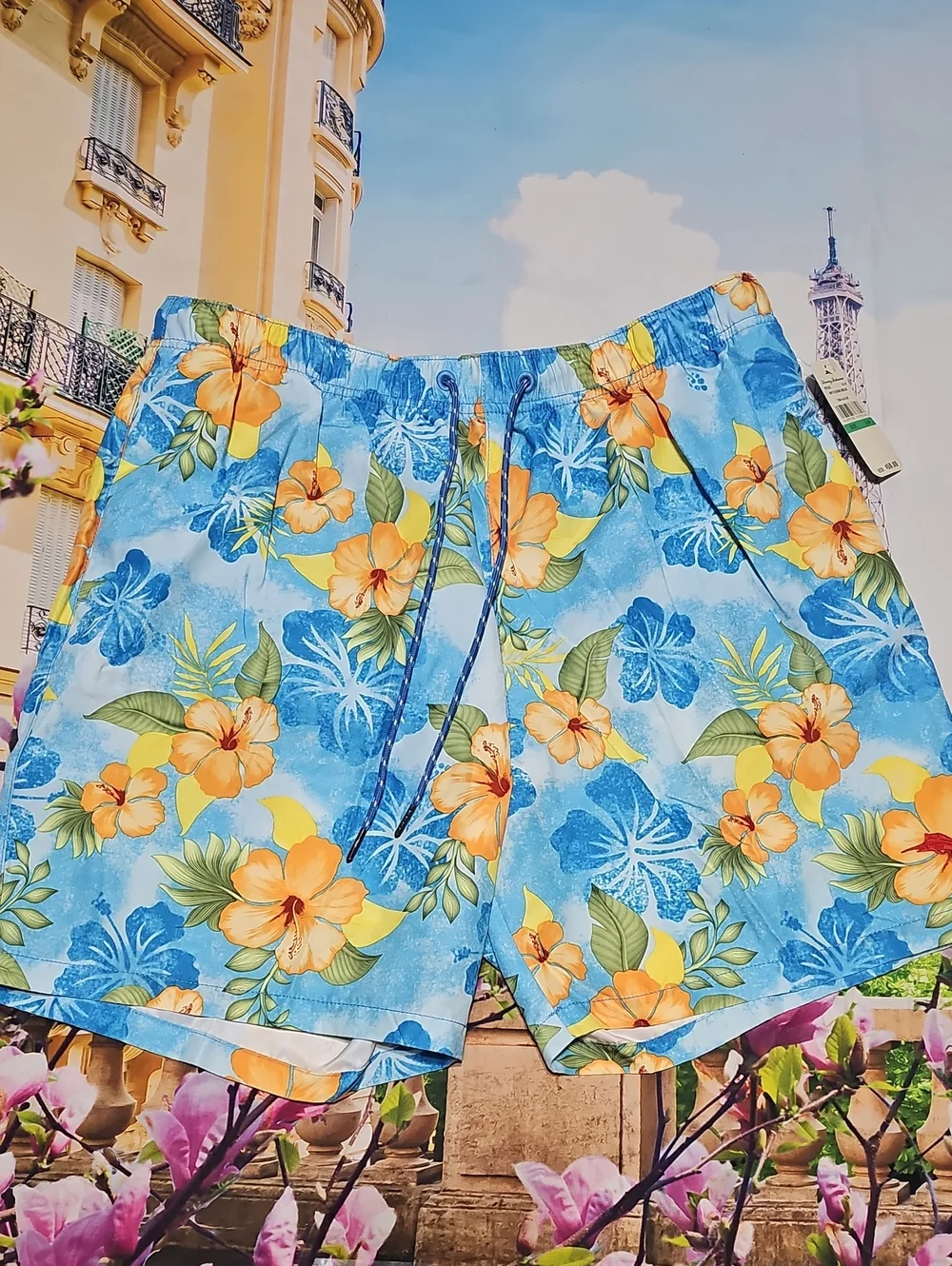Tommy Bahama Light Blue Floral Swim Trunks Orange Hibiscus Large New
